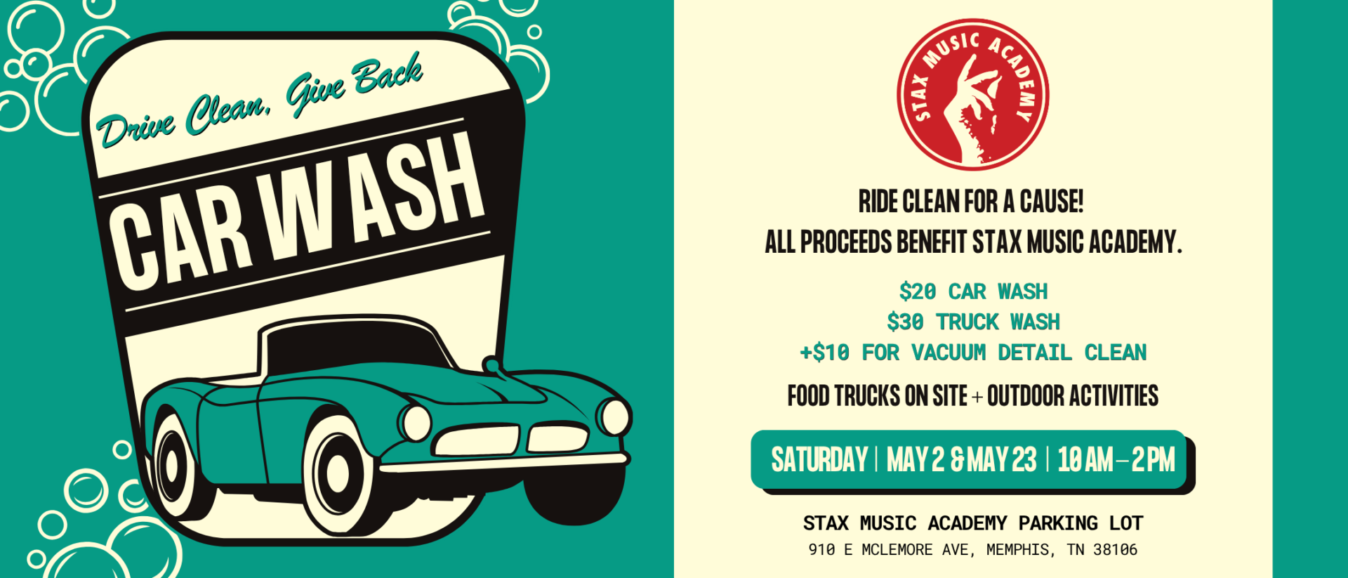 Drive Clean. Give Back. Stax Music Academy Car Wash Fundraiser Website Banner Image SMA Car Wash 2026