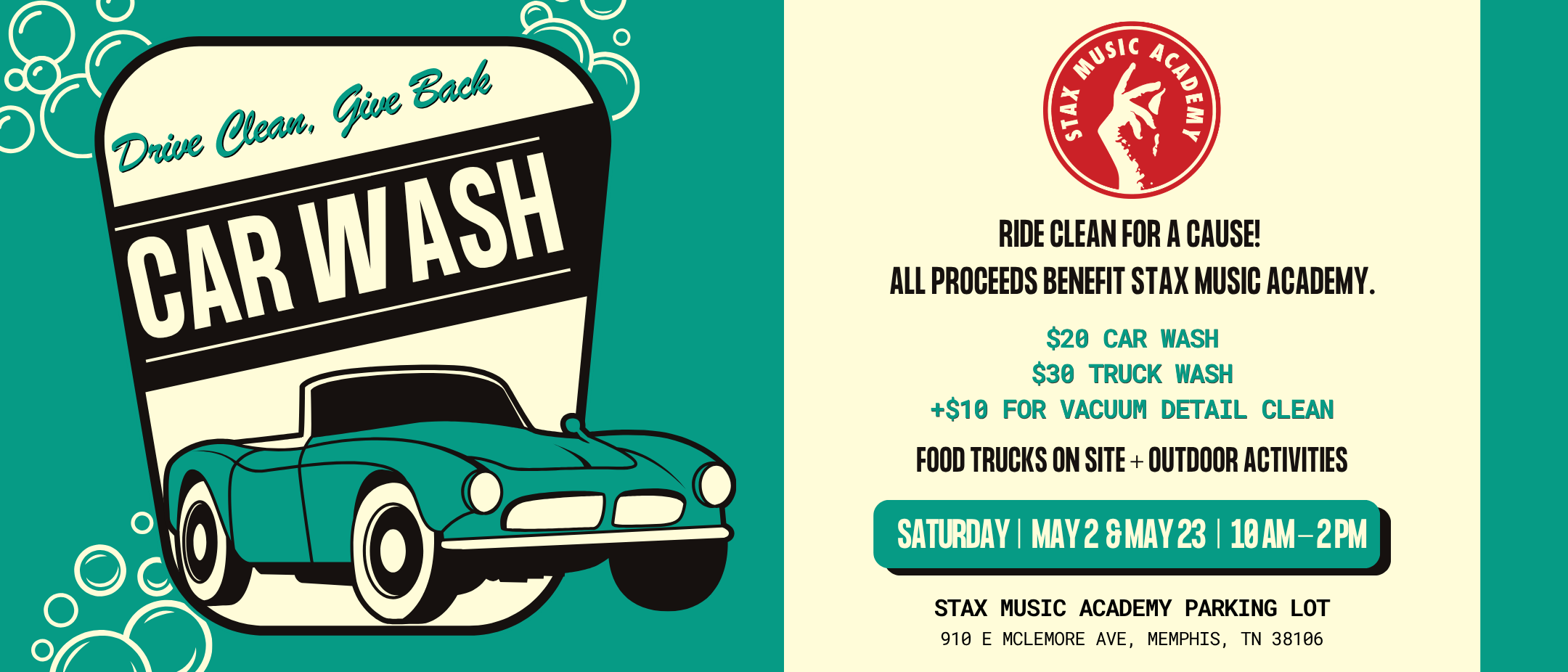Drive Clean. Give Back. Stax Music Academy Car Wash Fundraiser Website Banner Image SMA Car Wash 2026