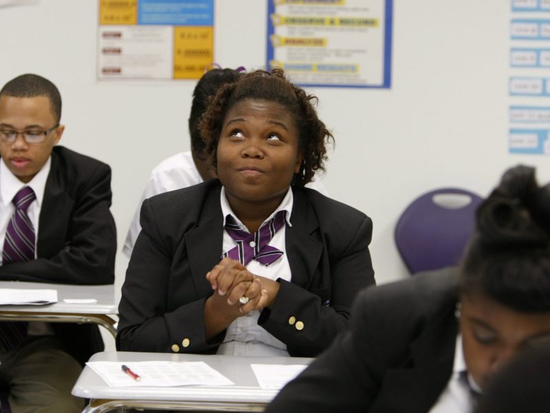 August 11, 2011 -   Kiera Johnson is one of 500 students in The Soulsville Charter School. She gave much thought to a test question before answering, while testing, during the first week of school. According to State law, students must meet certain criteria to  apply to Soulsville.  (Karen Pulfer Focht/Commercial Appeal)